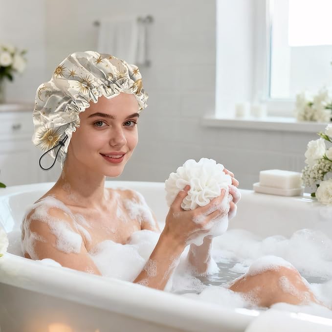 Shower Cap Reusable Double Layer Adjustable Elastic Waterproof EVA Hair Bath - Image 7
