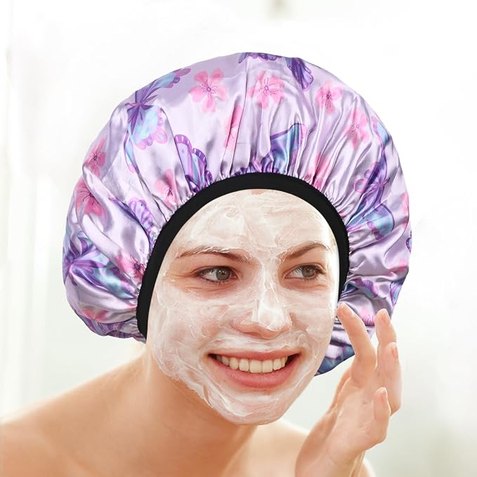 Purple Butterfly Print Satin Shower Cap, Three-Layer Terry Cloth Lined - Image 5