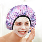 Purple Butterfly Print Satin Shower Cap, Three-Layer Terry Cloth Lined - Image 5
