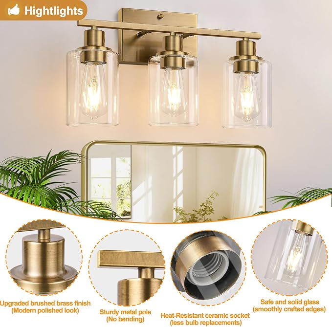 Indoi 3 Light Bathroom Light Fixtures, Brass Vanity Lights - Image 3