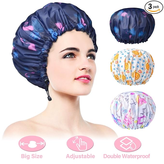 3 Pack Extra Large Double Layer Adjustable Shower Caps by WINSTECK