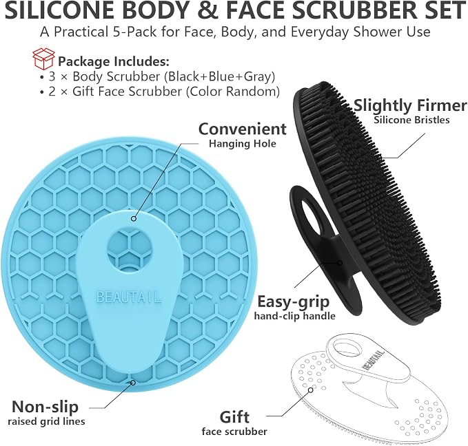 Silicone Body and Face Scrubber Set 5 Pack, BEAUTAIL Shower Bath Scrubber - Image 6