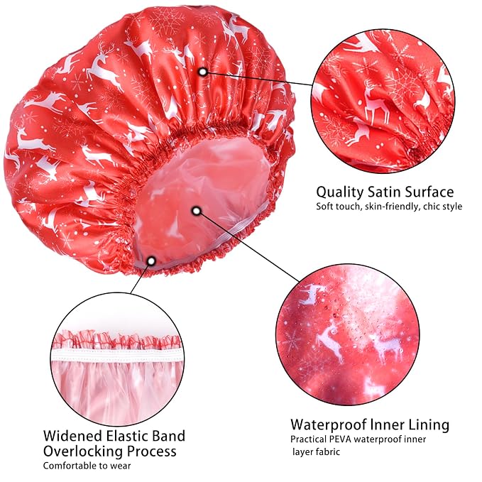4 PCS Shower Cap for Women, Elastic and Reusable Bath Caps, Double Layers - Image 5