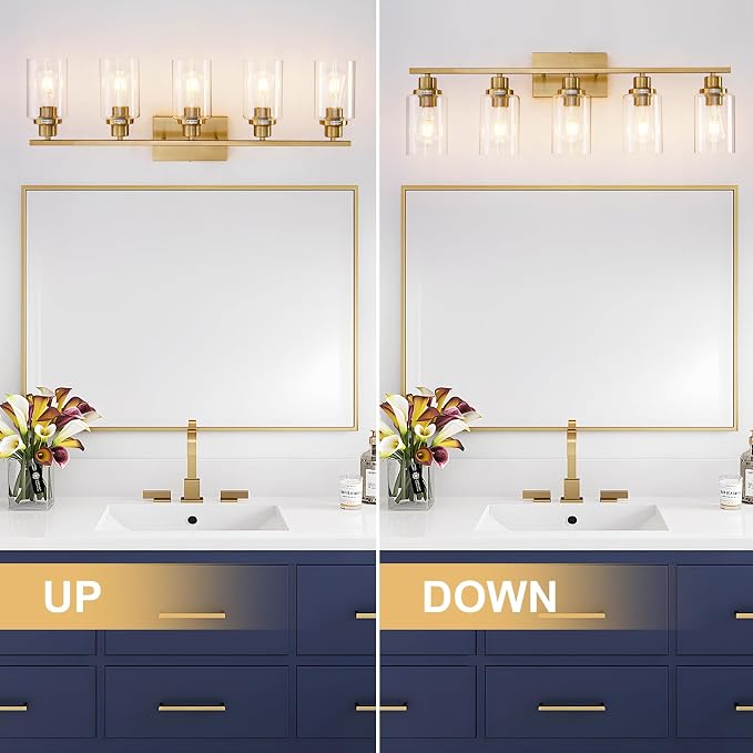 5 Light Gold Bathroom Light Fixtures Brushed Brass Vanity Light Over Mirror - Image 6