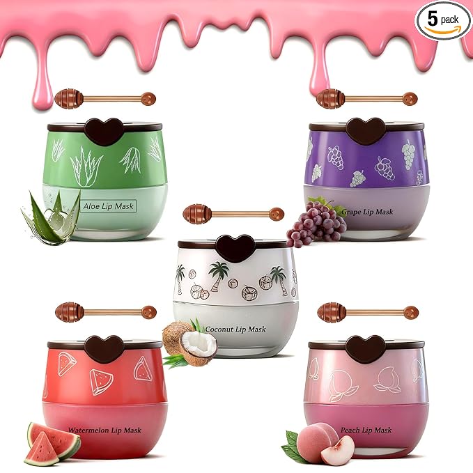 5PCS Bee Lip Balm Honey Pot，Peach&Grape&Aloe&Coconut&Watermelon Lip Mask by Charm+Kiss