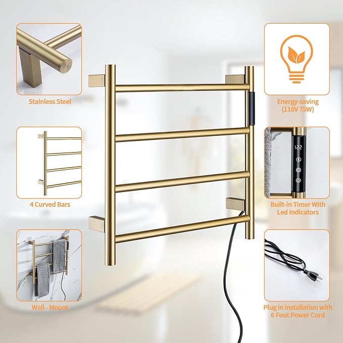 Heated Towel Rack, 4 Bar Wall Mounted Towel Warmer - Image 5