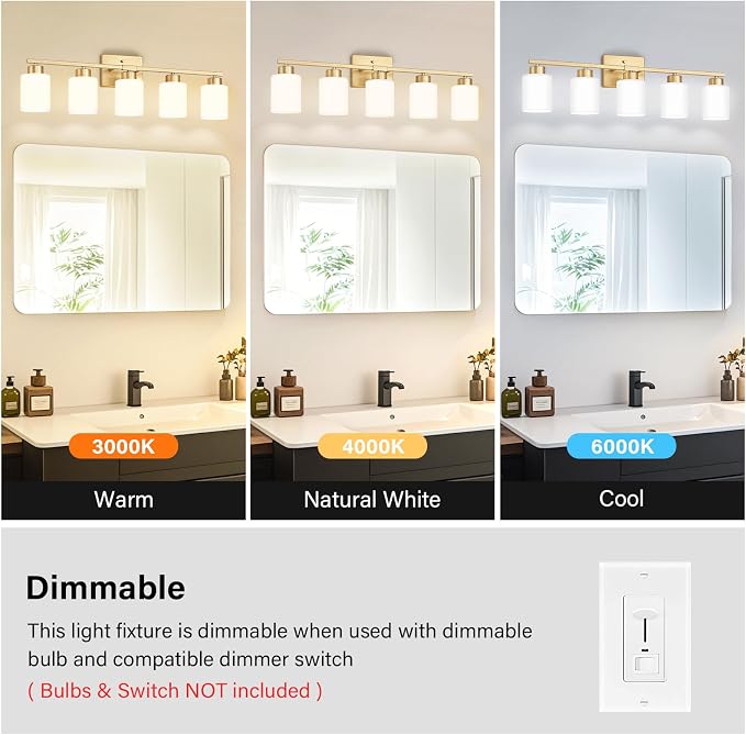 FonmYim Gold Bathroom Light Fixtures, 5-Light Modern Vanity Light Over Mirror - Image 7