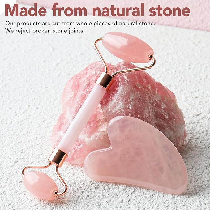 huefull Face Massager Rose Quartz Face Roller & Gua Sha Facial Tool Set - Image 3
