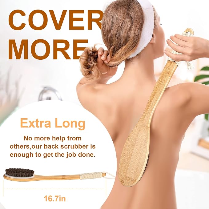 eaxun Bamboo Shower Brush with Curved Long Handle, 16.7 Inches Exfoliating Back - Image 2