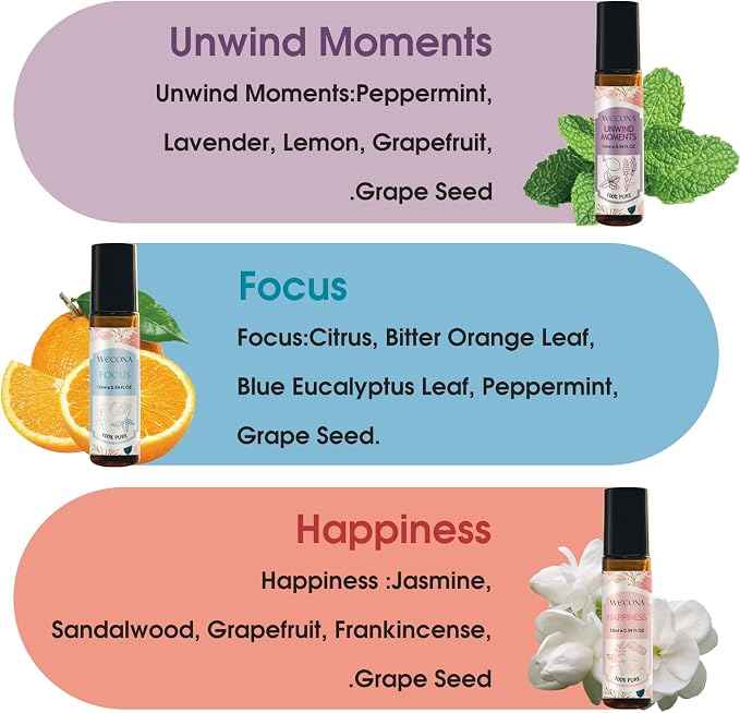 Wecona Aromatherapy Essential Oil Roll-On Set – 6x10ml Essential Oil Blends - Image 3