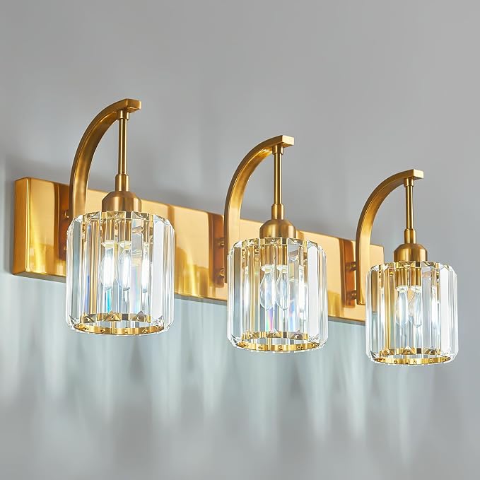 3-Light Crystal Vanity Light, Modern Gold Bathroom Wall Sconce by FDPBY