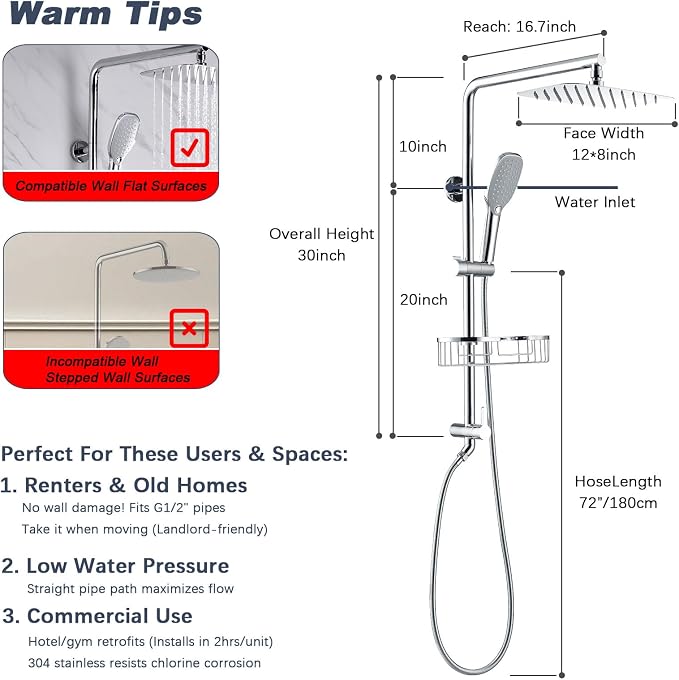 Rain Shower System with Shelf, 12 Inch Rain Shower Head Set with Hand Shower - Image 7