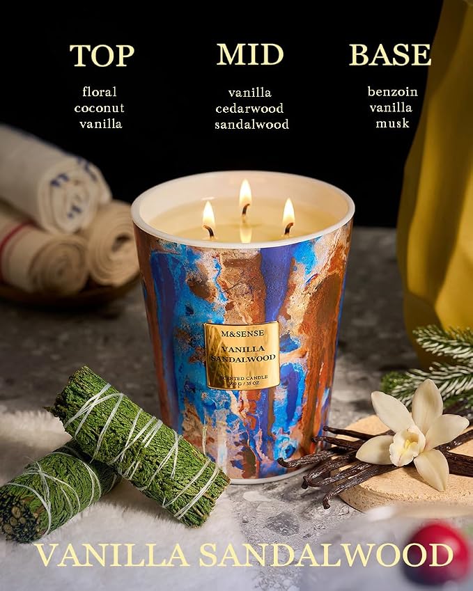 M&SENSE Large Soy Vanilla Sandalwood Scented Candle, 35oz 150 Hours 3-Wick - Image 3