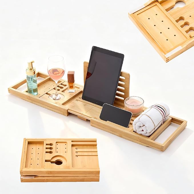 Premium Foldable Bamboo Bathtub Tray Caddy, Expandable Bath Caddy Tray by CraftsmanshipQuality
