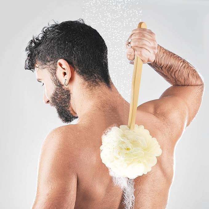 White Loofah on a Stick PE Soft Mesh Luffa Made of Soft and Sturdy Rubber - Image 5