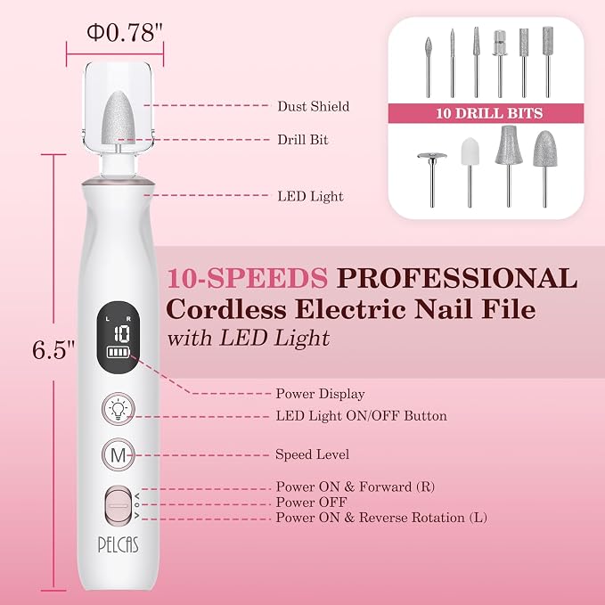 PELCAS Electric Nail File, 10 Speeds Cordless Nail Drill - Image 5