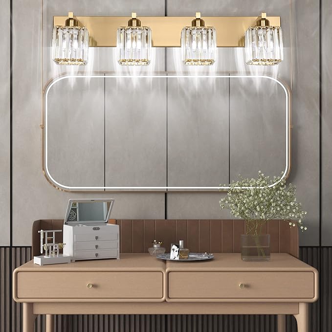 Aipsun Bathroom Lighting Fixtures Modern Crystal Vanity Light Brass 4 Light - Image 5