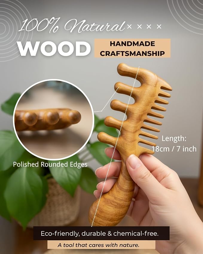 Wooden Scalp Massager Comb – Natural Wood Wide & Fine Tooth Hair Comb - Image 4