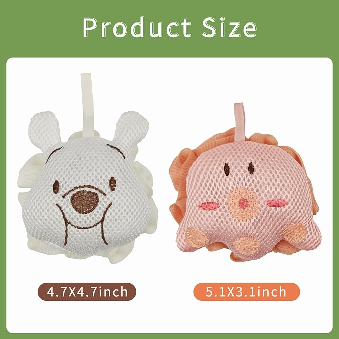 Kids Loofah, Cute Octopus & Bear Bath Sponge, Double-Layer Soft Mesh Loofah - Image 2