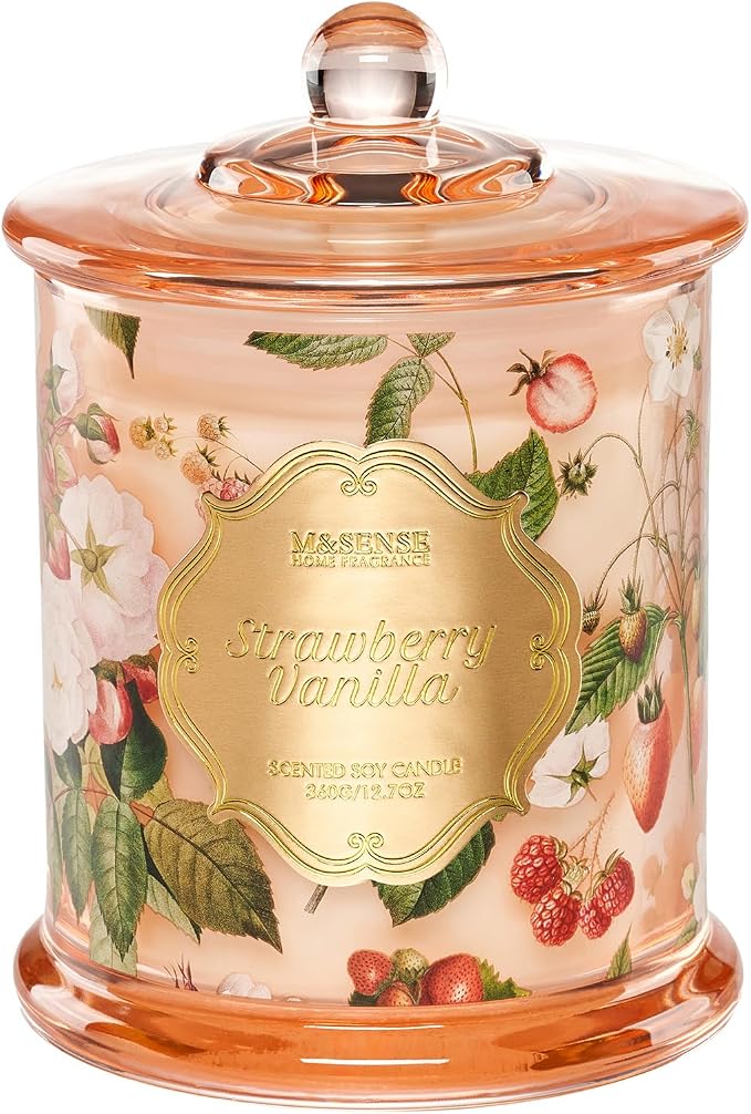 M&SENSE Strawberry Vanilla Soy Candle, Natural 12.7oz 75 Hour Long Lasting Slow by MSENSE