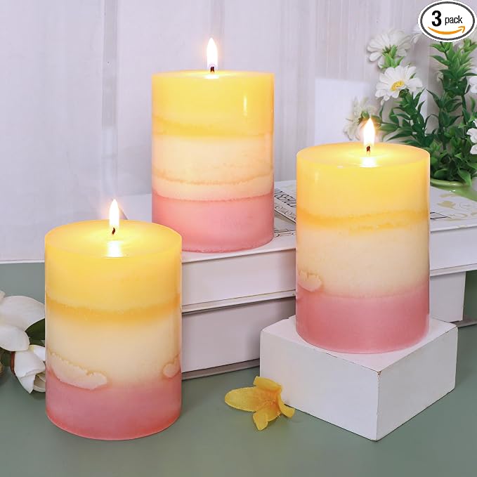 Sweet Scented Candles 3x4 Inch Pillar Candle Honeysuckle Scented Layered Yellow by FLAVCHARM