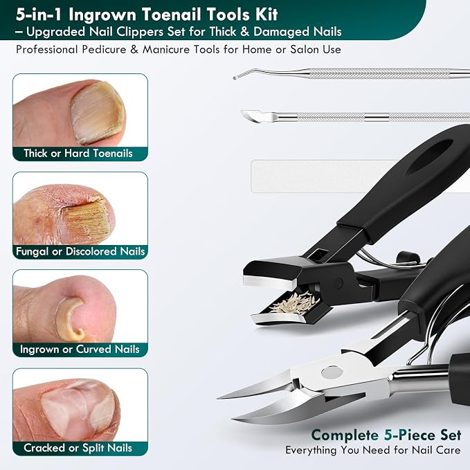 5-in-1 Professional Ingrown Toenail Tools Kit, Wide Jaw Slanted Nail Clippers & - Image 5