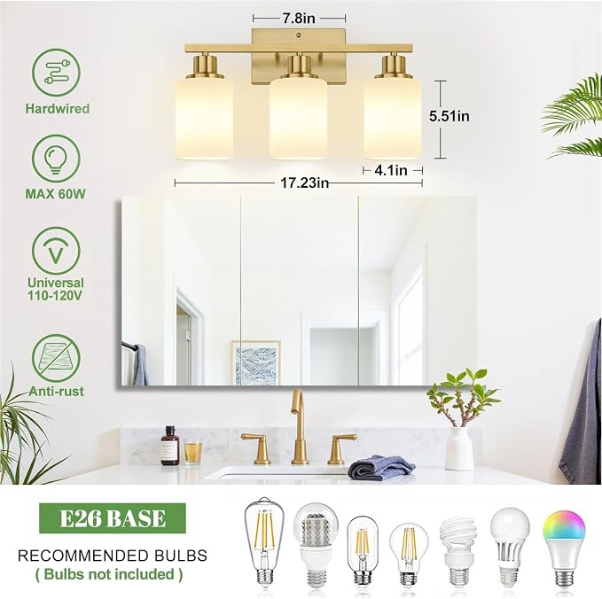 MOKATNG 3-Light Bathroom Light Fixtures, Brushed Gold Vanity Light - Image 7