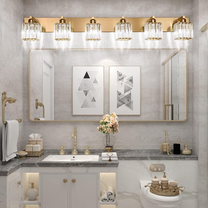 Aipsun Bathroom Vanity Light Brass Crystal Vanity Lighting Fixtures 6 Light - Image 5