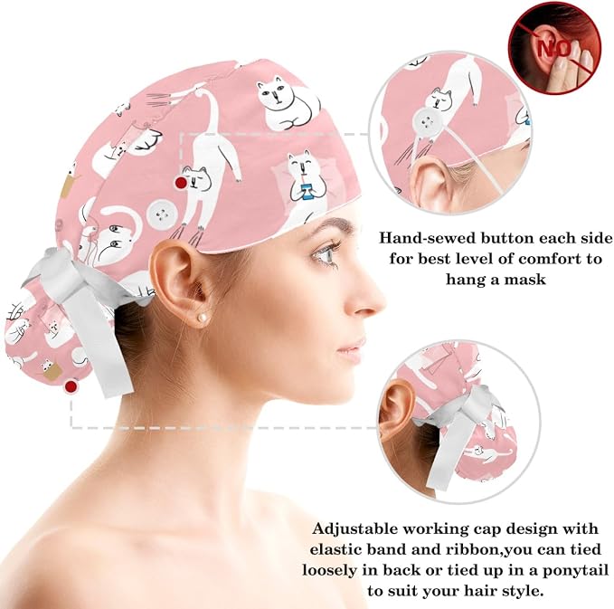 Women Working Cap with Buttons Bouffant Hat Autumn Leaves Nurse Scrub Caps Long - Image 3
