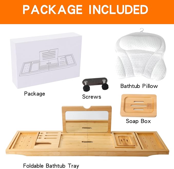 Bathtub Tray Table with Mirror and Bath Pillow, Expandable and Foldable Bamboo - Image 3