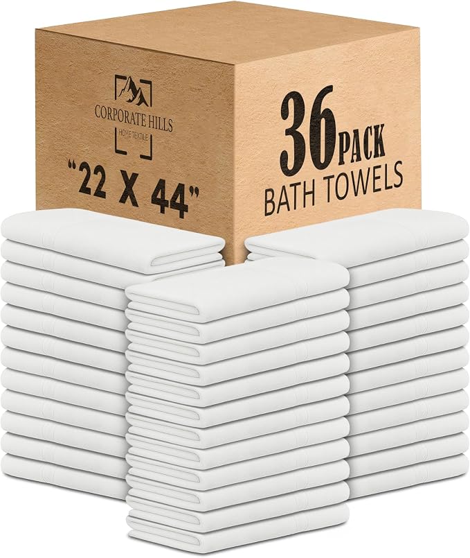 CH White Bath Towels Bulk Pack of 36 – Pure Cotton Lightweight & Absorbent by CorporateHills