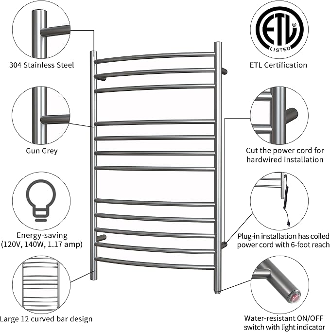 HEATGENE Towel Warmer Gun Grey, Electric Hot Towel Rails, Wall-Mounted Large 12 - Image 2