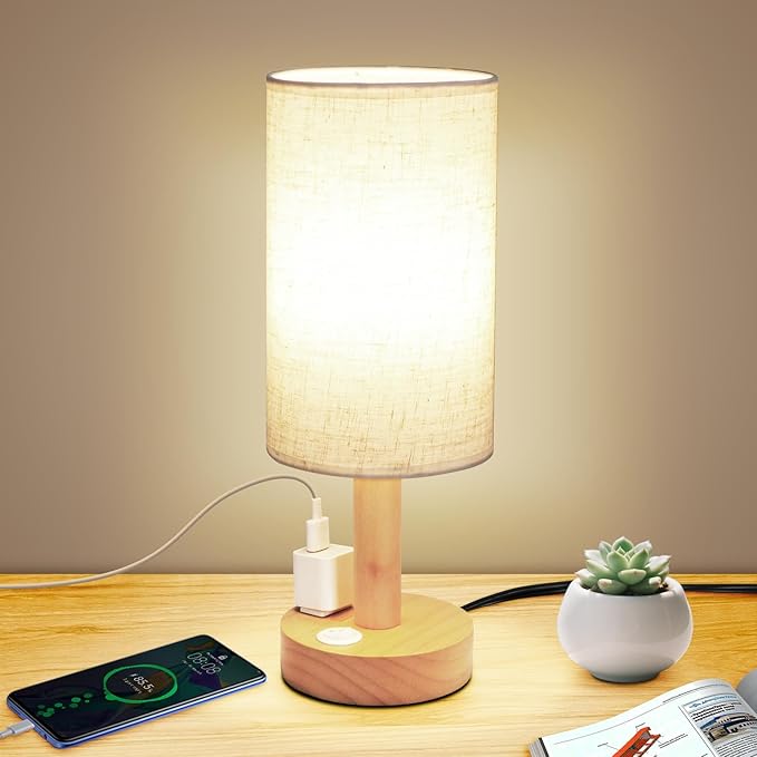 Small Bedside Table Lamp with AC Outlet, Natural Round Wood Base&Fabric Linen by SEENSINY