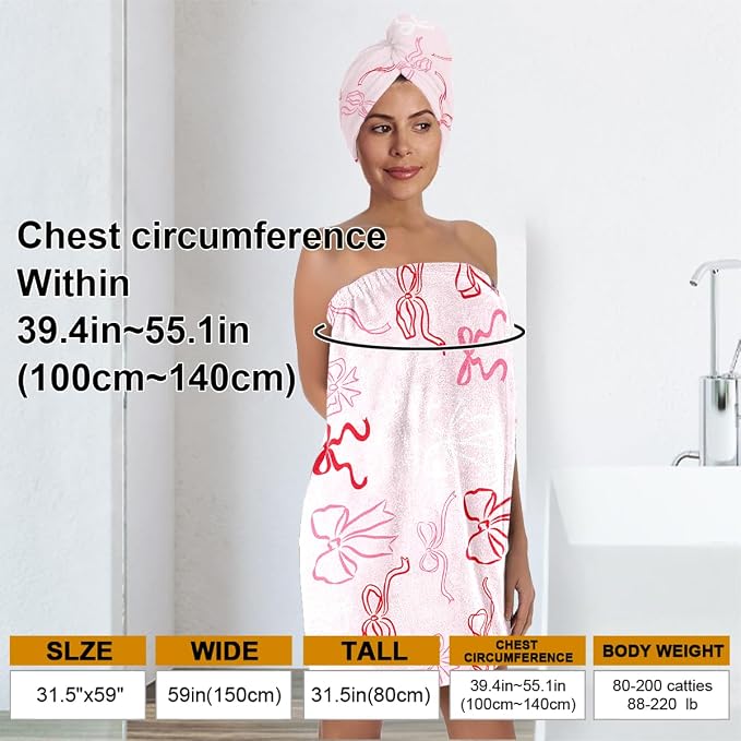 Pink Bow Bath Wrap with Hair Drying Cap – Microfiber Quick Dry Shower Skirt and - Image 3
