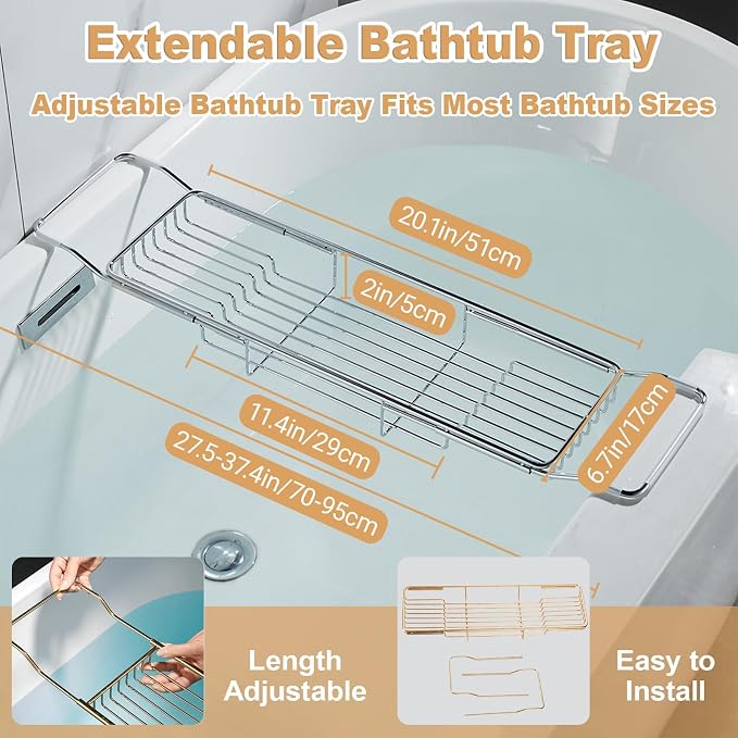 Stainless Steel Bathtub Caddy Tray, Expandable Bathtub Holder Table, Adjustable - Image 2