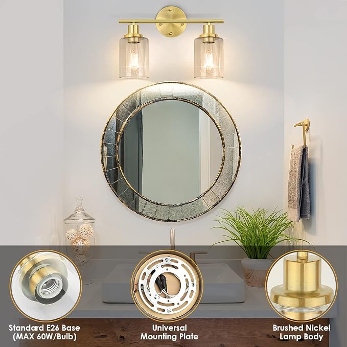 FOLKSMATE Bathroom Light Fixtures, 2-Light Brushed Brass Vanity Light, Modern - Image 3