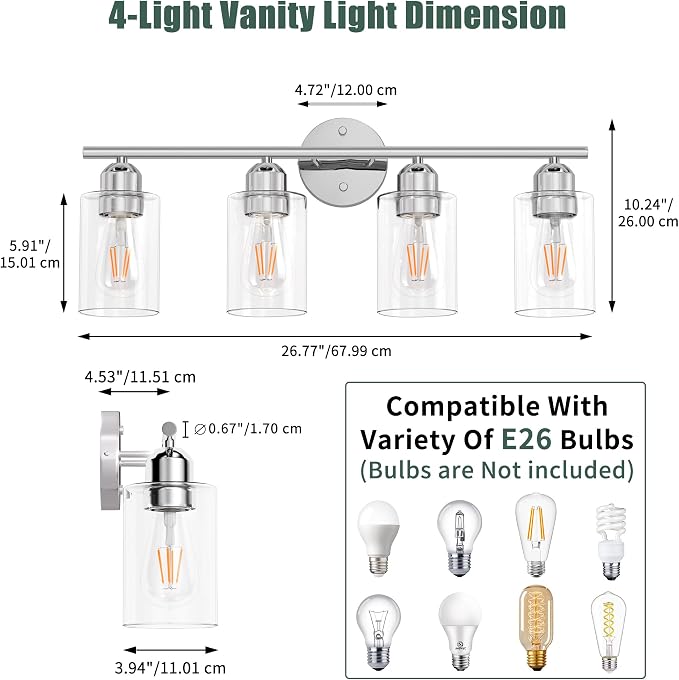 Espird Bathroom Vanity Light Fixtures Polished Chrome, 4 Lights Rustic - Image 2