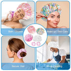 Shower Cap for Women Set of 4, Bath Caps, Double Layers Hair Caps + 3 Satin - Image 2