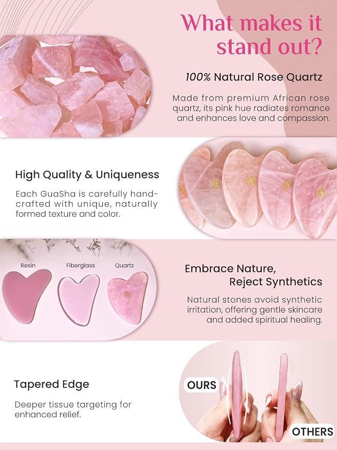 Rena Chris Gua Sha Facial Tools, Rose Quartz Guasha Tool - Image 4
