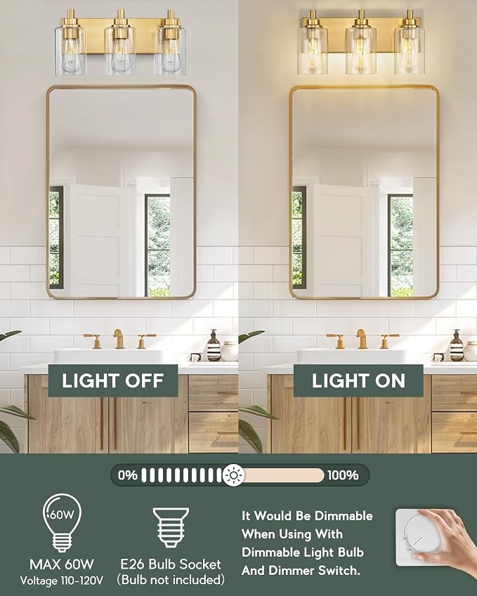 3-Light Bathroom Light Fixtures, Brushed Gold Vanity Light - Image 4