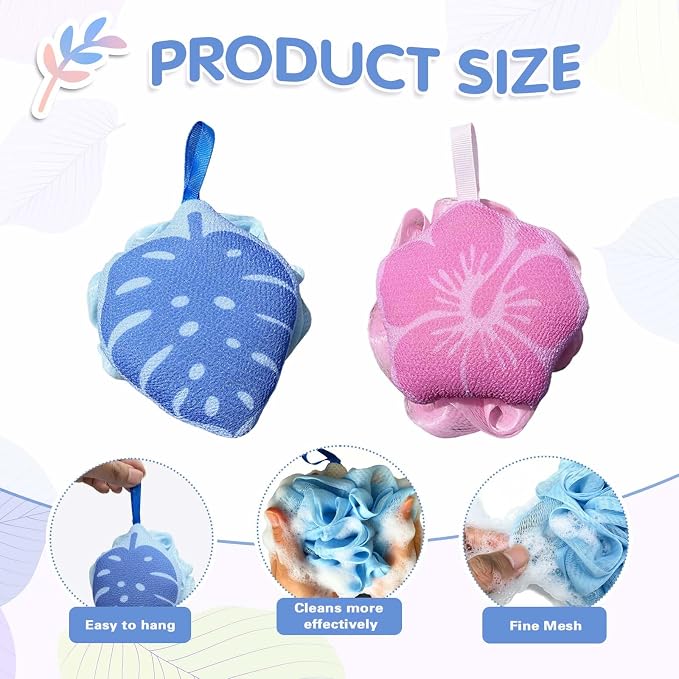 2Pcs Hawaiian Bath Sponge Loofah, Floral Leaf Shower Sponge Gentle Exfoliating - Image 3