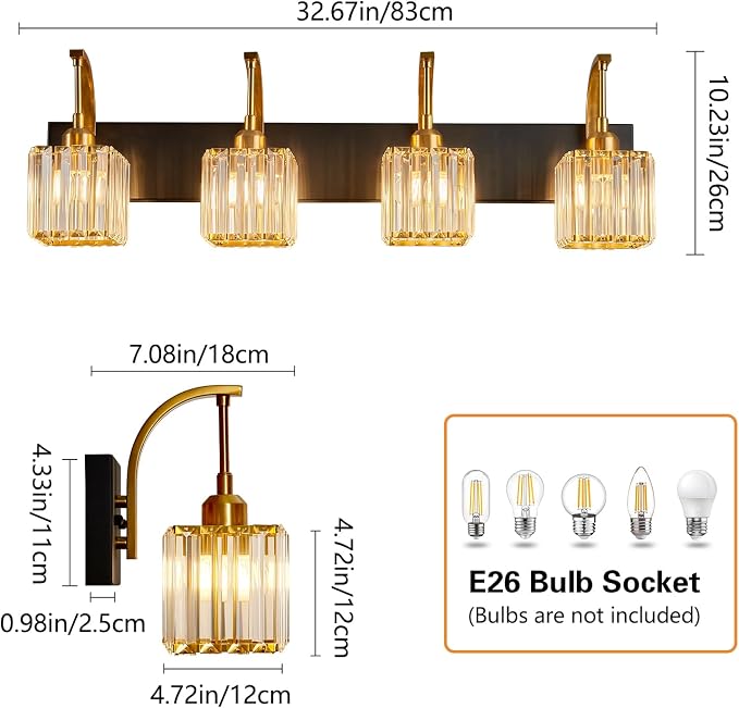 Crystal Vanity Lights 4-Light Black Gold Bathroom Vanity Lights Modern Crystal - Image 4