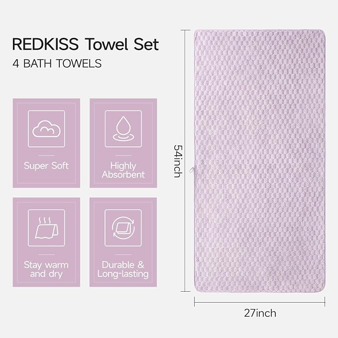 REDKISS 4 Pack Purple Microfiber Bath Towels - Image 2