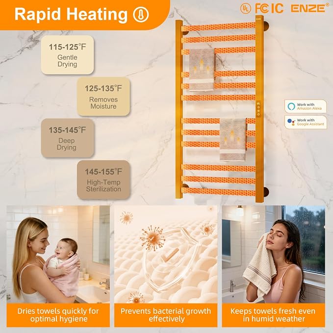 ENZE Smart Heated Towel Rack, 12-Bar Wall-Mounted Electric Towel Warmer 320W - Image 3