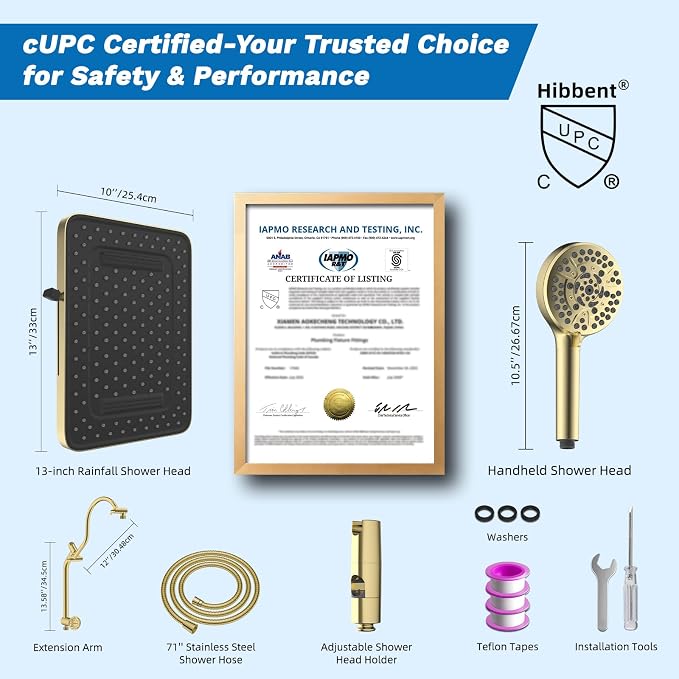 Hibbent cUPC Certified 13'' Shower Head Combo, High Pressure 5 Spray Rainfall - Image 9