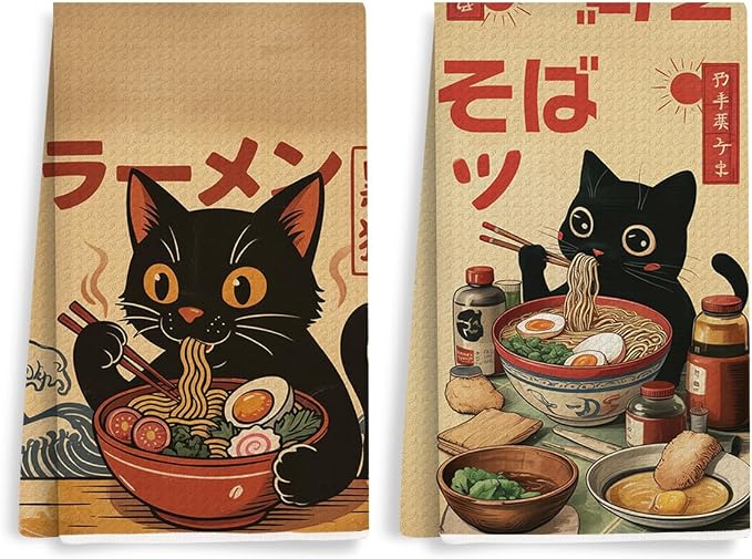 2PCS Vintage Japanese Cat Kitchen Towels, Quirky Ramen Cat Reusable Absorbent by Unknown
