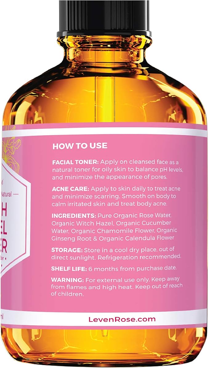 Witch Hazel Alcohol Free Toner by Leven Rose, 100% Pure Organic Facial Rose - Image 2