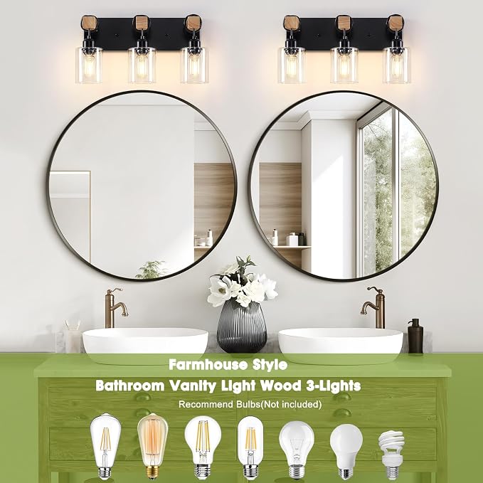 Licperron Farmhouse 3-Lights Wood Bathroom Vanity Light, Rustic Black Bathroom - Image 3