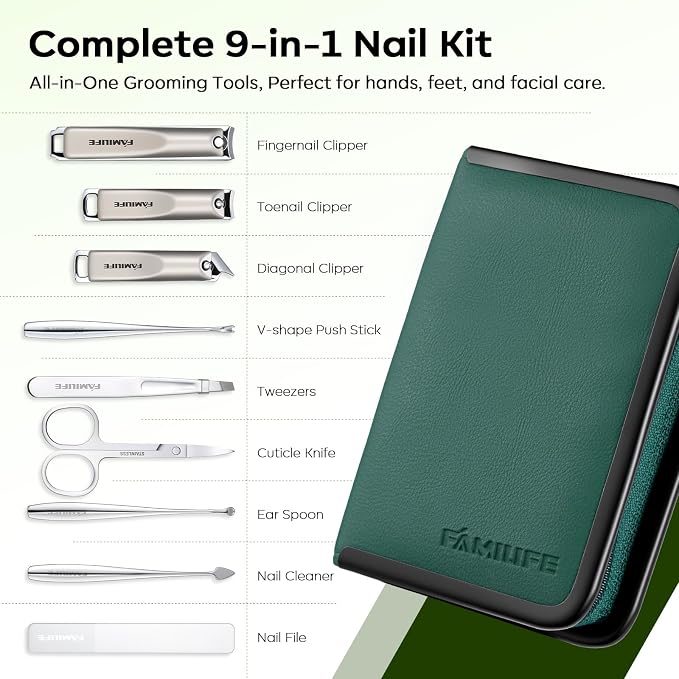 FAMILIFE Manicure Kit for Women, Stylish Green Travel Manicure Set for Home - Image 6