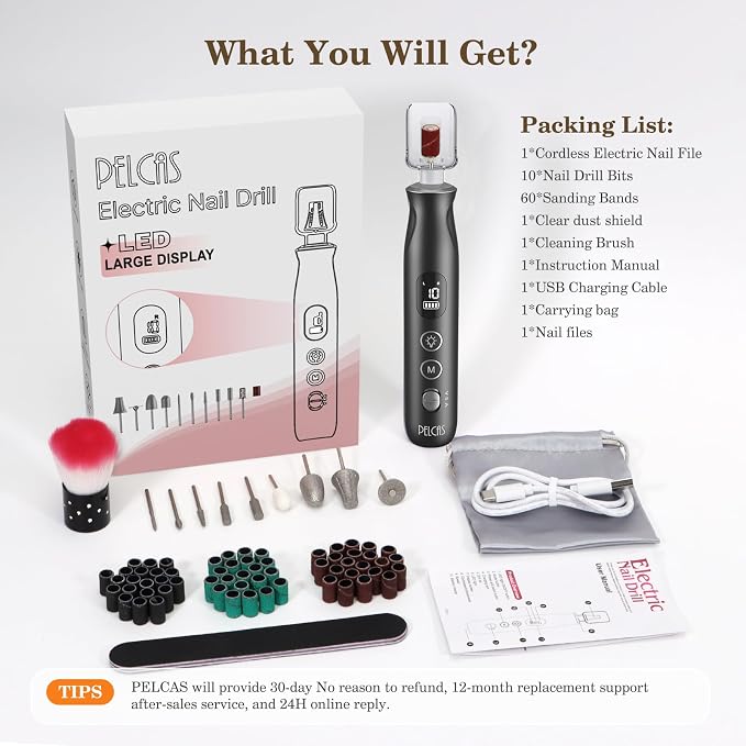 PELCAS Electric Nail Grinder, 10 Speeds Cordless Nail Drill - Image 7